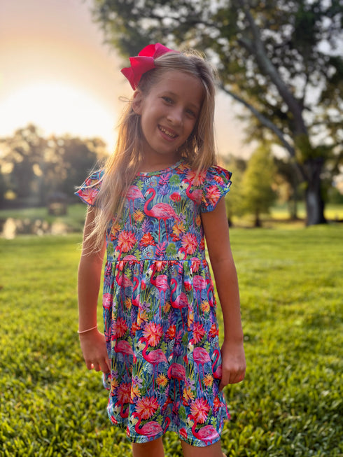 Girls Vibrant Flamingo Flutter Dress with Matching Bow - Bowtism