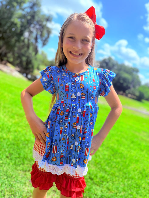 Girls Fireworks Shorts Set with Matching Bow
