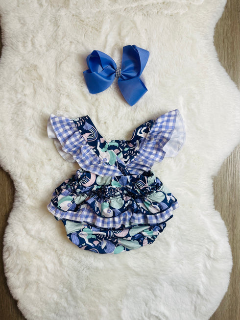 Bowtism Baby Unicorn Mermaid Ruffled Romper with Matching Bow - Bowtism