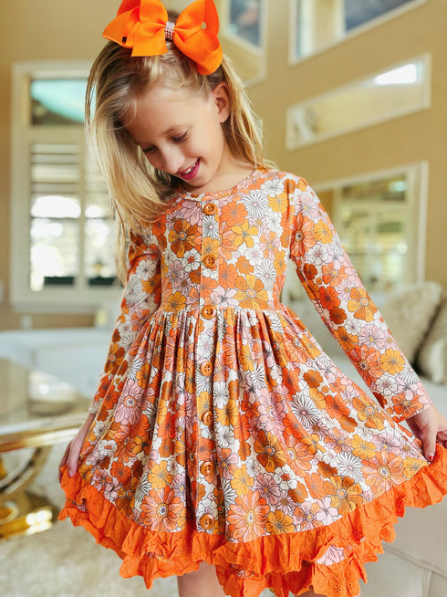 Bowtism Girls Fall Boho Floral Twirl Dress with Matching Bow - Bowtism