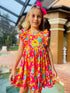 Girls Pink Yellow Floral Ruffle Twirl Dress with Matching Bow - Bowtism