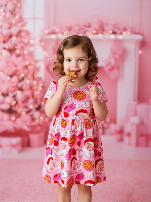Girls Pink Santa Milk Cookies Dress with Matching Bow