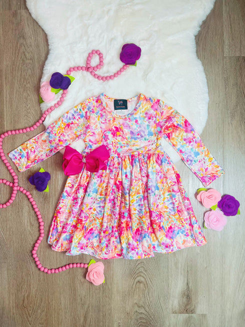 Bowtism Girls Mindy Floral Twirl Dress With Matching Bow - Bowtism