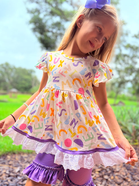 Girls Purple School Alphabet Shorts Set with Matching Bow - Bowtism