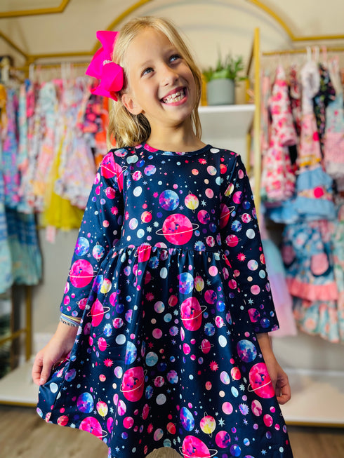 Bowtism Space Girl Twirl Dress with Matching Bow - Bowtism