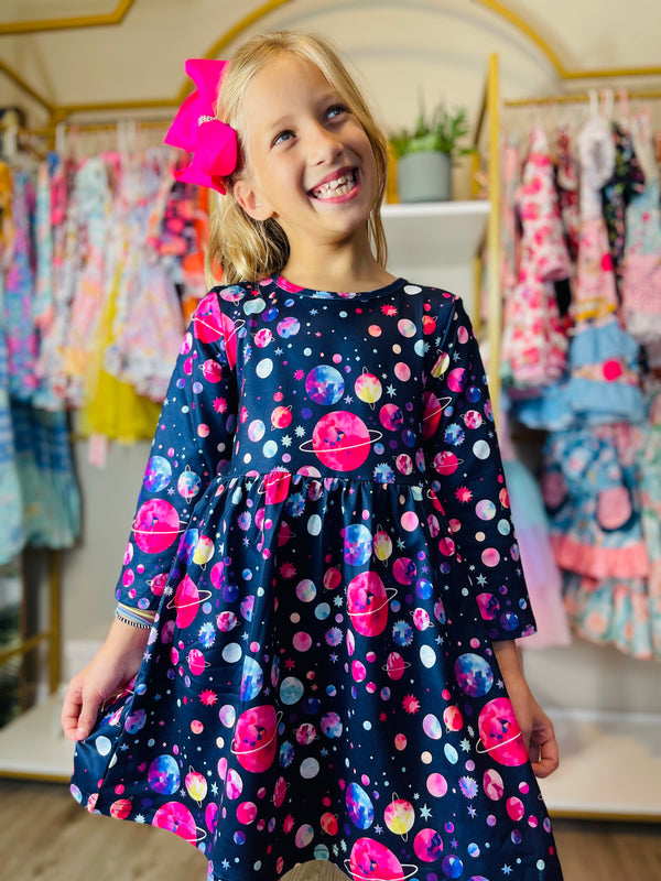 Bowtism Space Girl Twirl Dress with Matching Bow - Bowtism