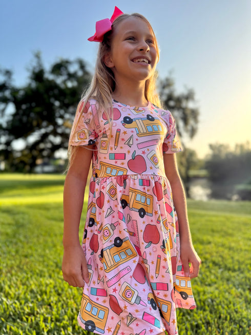 Girls pink School Bus Dress with Matching Bow - Bowtism