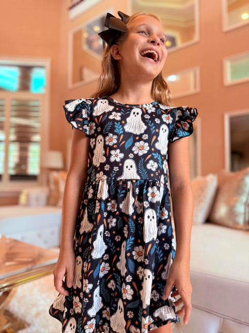 Girls Short Sleeve Ghost Dress with Matching Bow - Bowtism