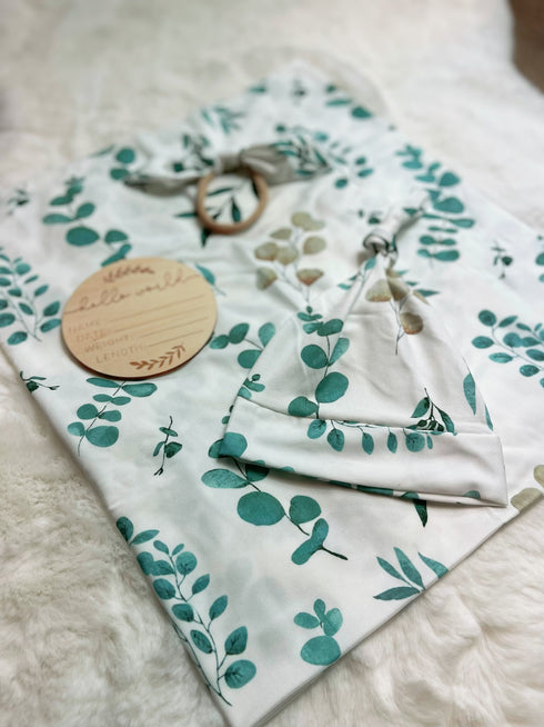 Bowtism Eucalyptus Swaddle Set with Wooden Birth Plate, Hat & Headband - Bowtism