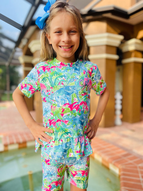 Girls Zoo Elephant Shorts Set with Matching Bow - Bowtism