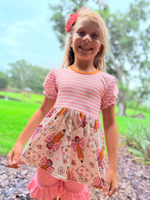 Girls Pink Pencil School Shorts Set with Matching Bow - Bowtism