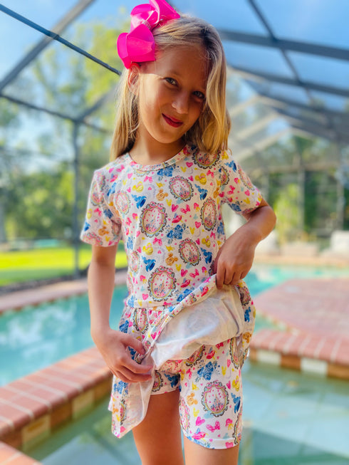 Girls Pink Watercolor Crop Top Skort Set and Matching Bow - Bowtism