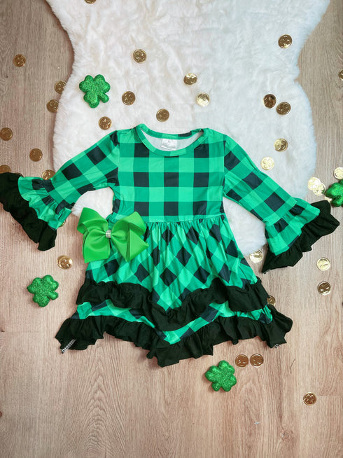 Bowtism St. Patrick Plaid Ruffle Dress with Matching Bow - Bowtism