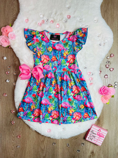 Bowtism Flamingo Tropics Flutter Dress with Matching Bow - Bowtism
