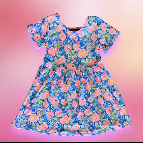 Girls Tropical Floral Dress + Matching Bow (Pink)