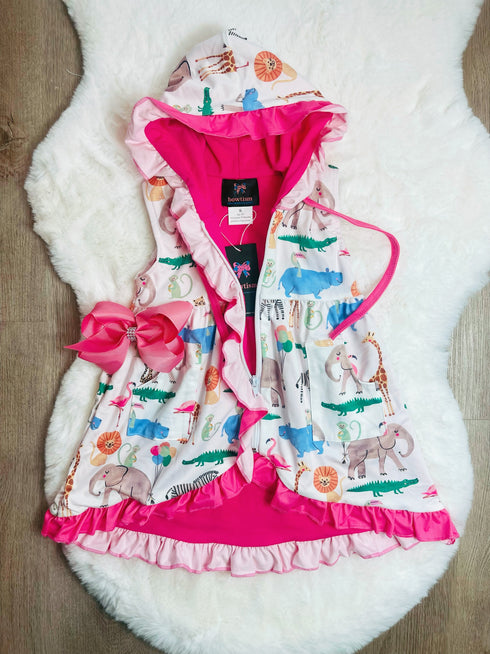 Bowtism Girls Zoo Friends Ruffled Towel Dress with Matching Bow - Bowtism