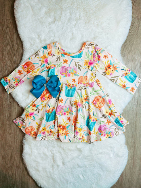 Bowtism Lydia Pumpkin Floral Dress with Matching Bow - Bowtism