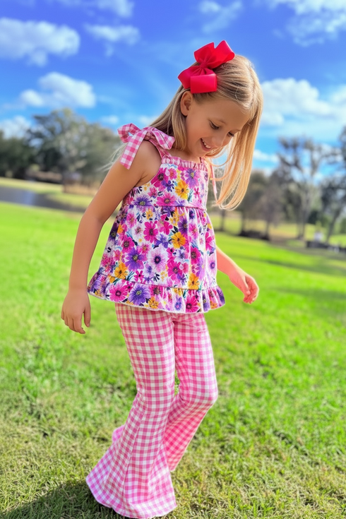 Girls Floral Flare Pants Set + Matching Bow