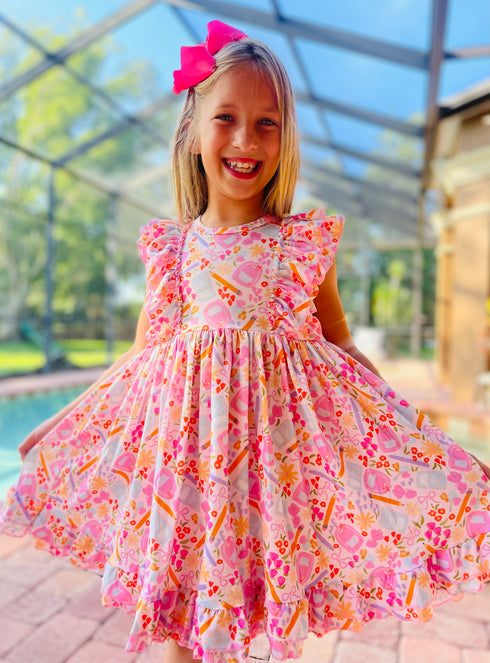Girls Pink Back To School Dress with Matching Bow - Bowtism