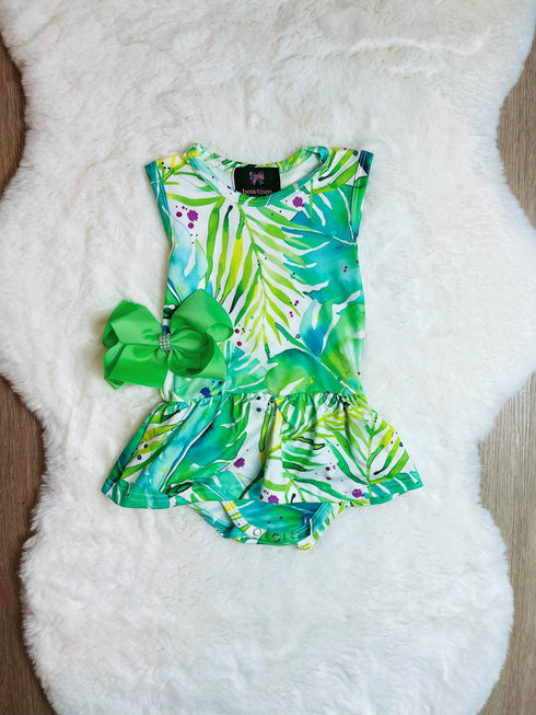 Bowtism Baby Girl Palm Beach Romper with Matching Bow - Bowtism