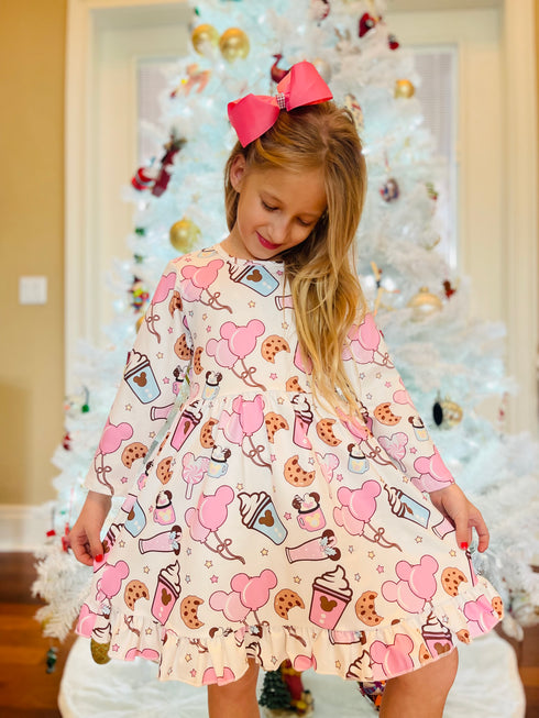 Bowtism Girls Mouse Treats Latte Twirl Dress with Matching Bow - Bowtism
