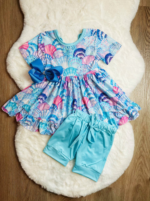 Bowtism Girls Ombre Shell Dress with Shorts Set and Matching Bow - Bowtism