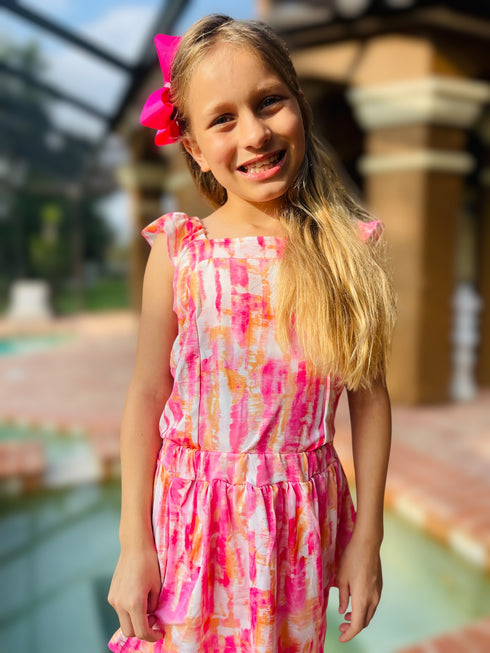 Girls Pink Watercolor Crop Top Skort Set and Matching Bow - Bowtism