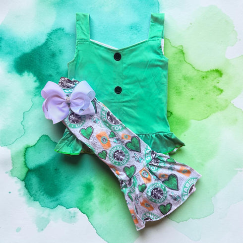 Girls Coffee Inspired Flare Set + Matching Bow