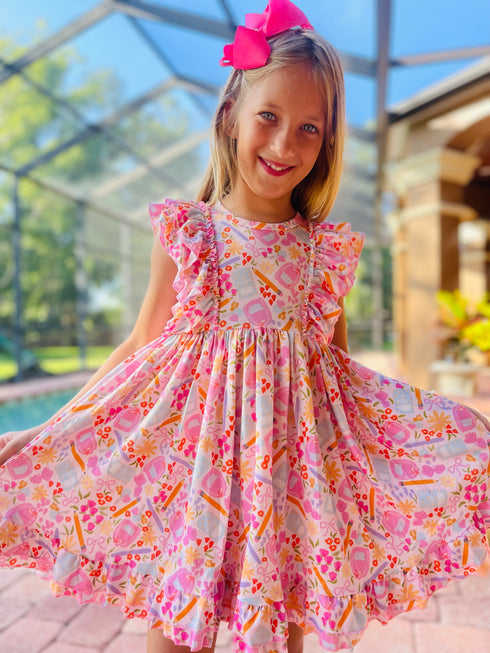Girls Pink Back To School Dress with Matching Bow - Bowtism