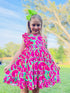 Girls Summer Watermelon Ruffle Twirl Dress with Matching Bow - Bowtism