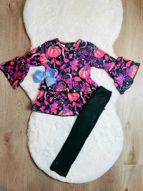 Bowtism Vibrant Pumpkin Harvest Pants Set with Matching Bow - Bowtism