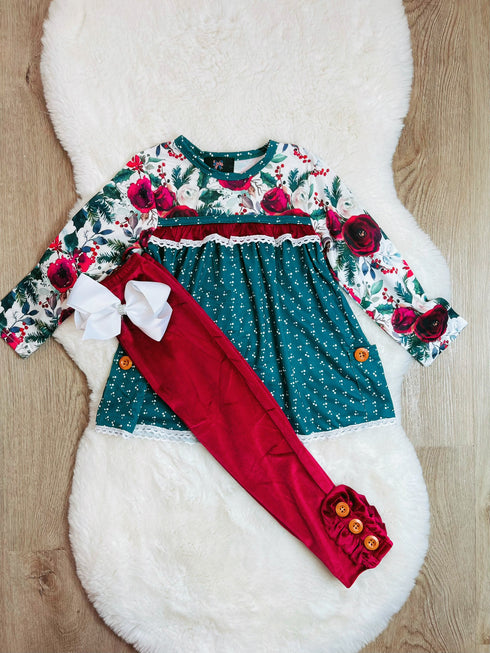 Bowtism Holly Velvet Lace Pants Set with Matching Bow - Bowtism