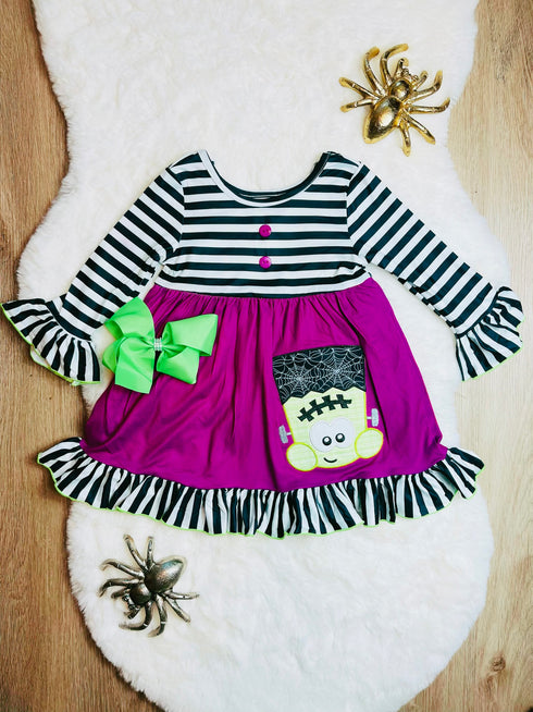 Bowtism Halloween Frankenstein Twirl Dress with Matching Bow - Bowtism