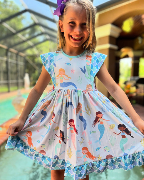 Bowtism Mermaid Bestie Ruffle Dress with Matching Bow - Bowtism