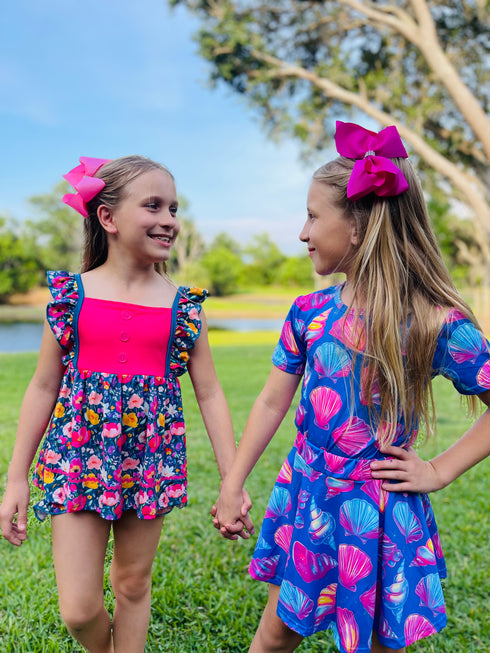 Girls Pink Flower Shorts Set Lace with Matching Bow - Bowtism