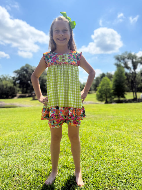 Girls Tropical Floral Shorts Set & Matching Bow