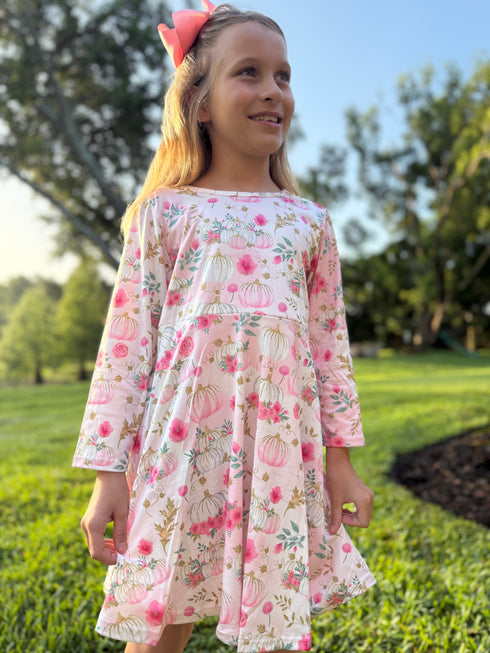 Girls Pink Pumpkin Dress with Matching Bow - Bowtism