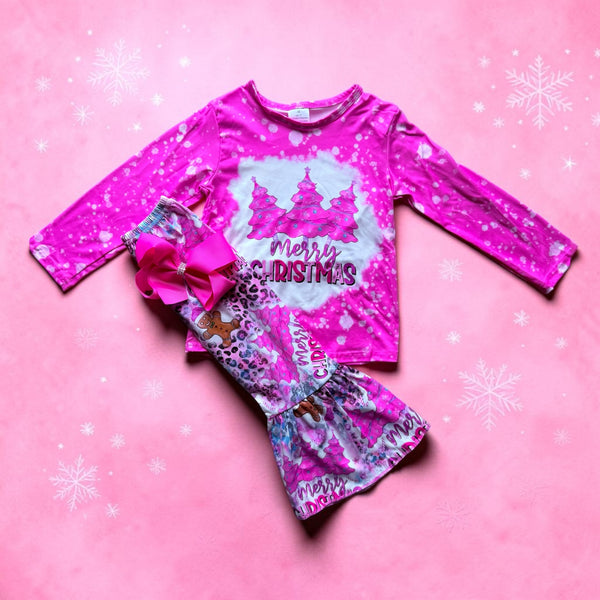 Girls Pink Christmas Tree Holiday Flare Outfit with Bow
