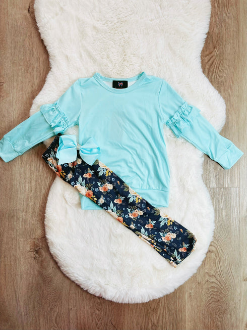 Bowtism Girls Blue Soft Holiday Floral Pants Set with Matching Bow - Bowtism
