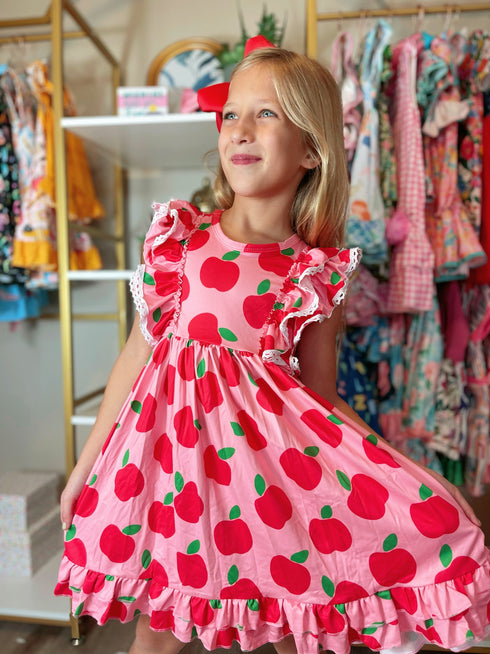 Bowtism Apple A Day Ruffled Lace Dress with Matching Bow - Bowtism