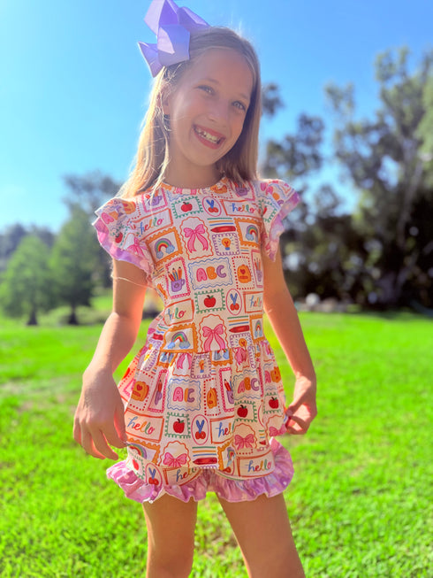 Girls Preppy School Print Shorts Set with Matching Bow