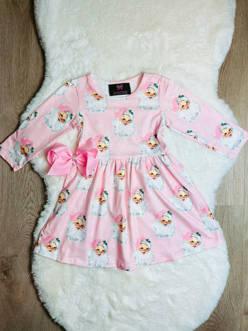 Bowtism Vintage Pink Santa Face Twirl Dress with Matching Bow - Bowtism