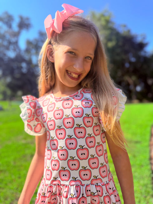 Girls Apple School Print Shorts Set with Matching Bow