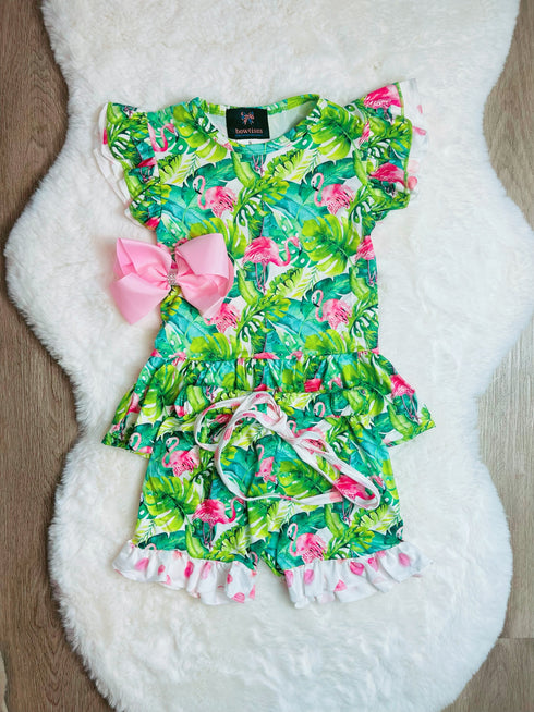 Bowtism Girls Jungle Flamingo Flutter Shorts Set with Matching Bow - Bowtism