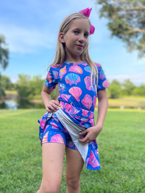 Girls Purple Seashell Crop Top Skirt with Skort Set and Matching Bow - Bowtism