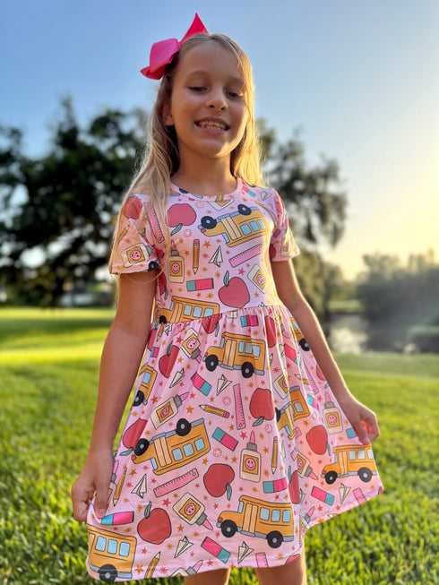 Girls pink School Bus Dress with Matching Bow - Bowtism