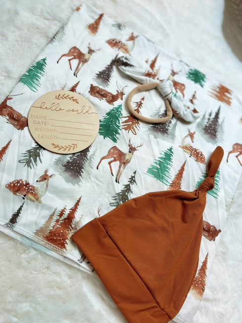 Bowtism Woodlands Nature Swaddle Set with Wooden Birth Plate, Hat & Headband - Bowtism