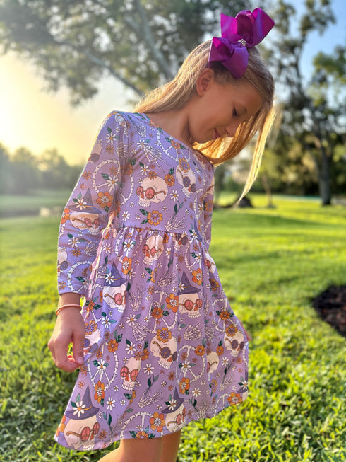 Girls Purple Skeleton Halloween Dress with Matching Bow - Bowtism