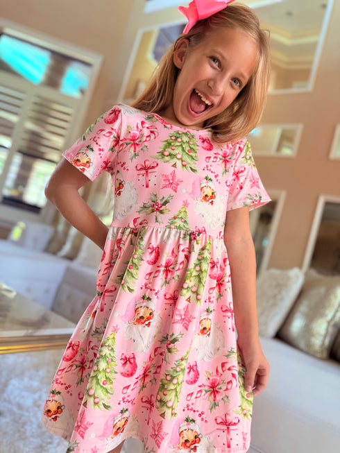 Girls Pink Santa Christmas Tree Dress with Matching Bow