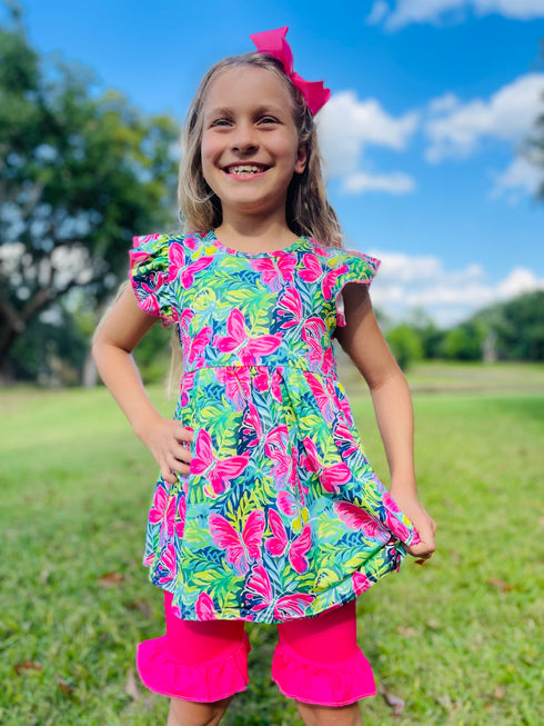 Girls Tropical Butterfly Shorts Set with Matching Bow - Bowtism